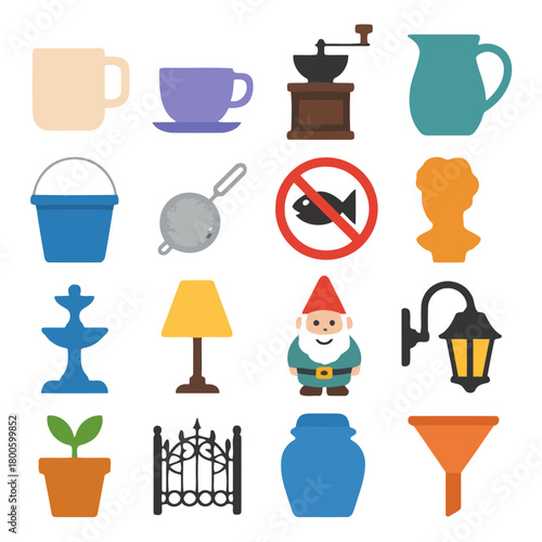Diverse Object Collection: A curated arrangement of assorted everyday items, each meticulously depicted with a flat, minimalist style. Explore a visually appealing array of household elements.