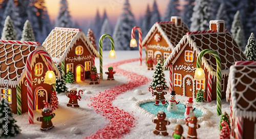 A gingerbread village scene with houses candy canes and gingerbread men figures
