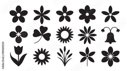 Collection of black flower and plant icons isolated on