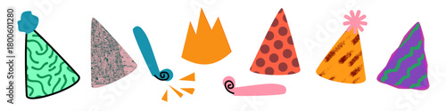 Hand drawn birthday party hats and doodle party blowers horns set vector illustration isolated on transparent background. Childish, kids design elements with colorful dots and stripes