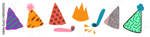 Hand drawn birthday party hats and doodle party blowers horns set vector illustration isolated on transparent background. Childish, kids design elements with vector illustration of colorful ribbons