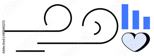 Stylized flowing lines representing wind, blue bar chart, and heart shape. Ideal for sustainability, progress, data analysis, love, health, energy and nature concept simple flat metaphor
