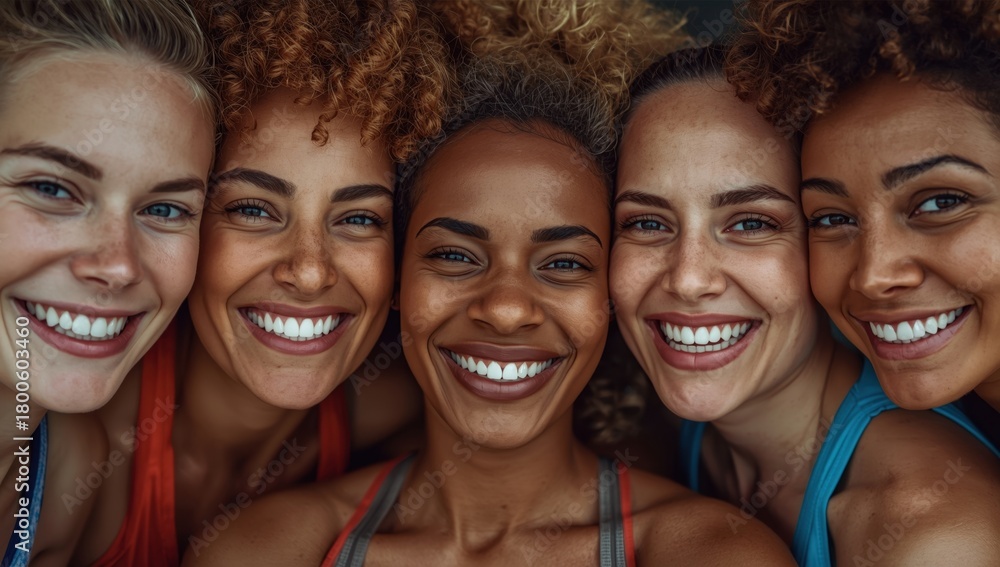 Fototapeta premium Five diverse women smiling and laughing together