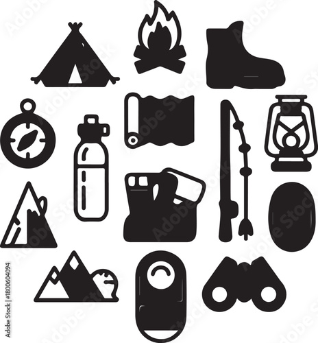 Discover outdoors camping equipment icons set