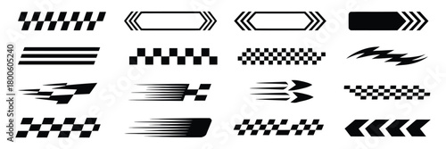Race Car and Racing Stripe Vector Collection Featuring Checkered Flags, Finish Line, Motocross Labels, Tuning Stickers, Dynamic Lines, and Speed Motion Graphics