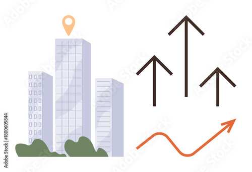 Modern office buildings with a location marker paired with rising arrows and a growth trend graph. Ideal for business, progress, growth, investment, strategy, urbanization, achievement. Simple flat