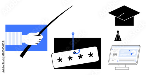 Hand holding fishing rod stealing password, computer screen showing security data, graduation cap suggesting academic context. Ideal for cybersecurity, phishing awareness, education, data safety