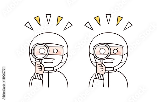 虫眼鏡で見る食品工場や給食職員イメージの男女2人