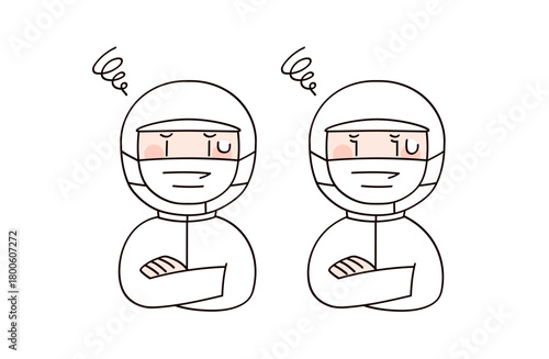 腕を組む食品工場や給食職員イメージの男女2人