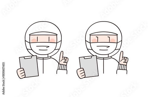 説明する食品工場や給食職員イメージの男女2人