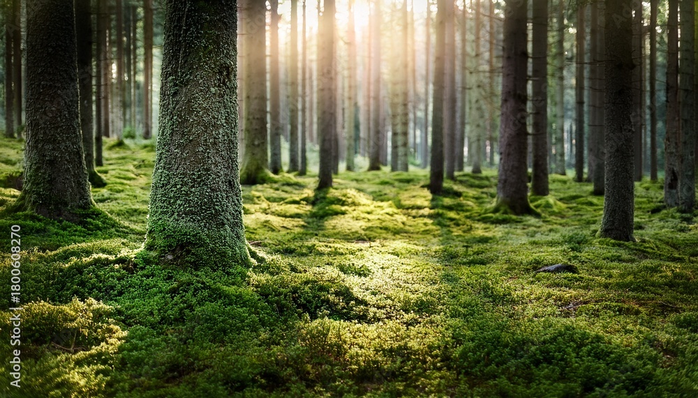 Fototapeta premium Coniferous Forest Ground Covered Of Green Moss Backlit Trees Mystic Atmosphere
