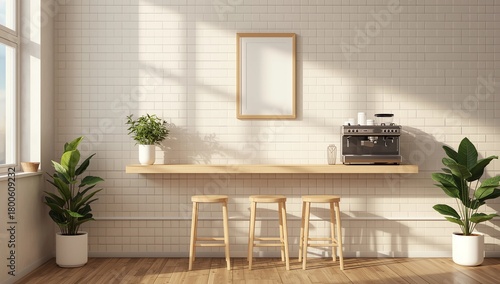 Blank horizontal frame mock up in modern coffee shop interior with white tiles, bar stools and counter with coffee brewing equipment, 3d render