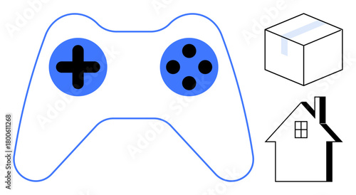 Game controller with blue buttons, a sealed package, and a house. Ideal for gaming, e-commerce, home entertainment, logistics, delivery services leisure modern lifestyle. Simple flat metaphor