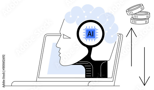 Human-thumbs up AI head inside a laptop, coins stacking and arrows showing financial progression. Ideal for technology, AI, finance, innovation, automation, machine learning digital strategy. Simple