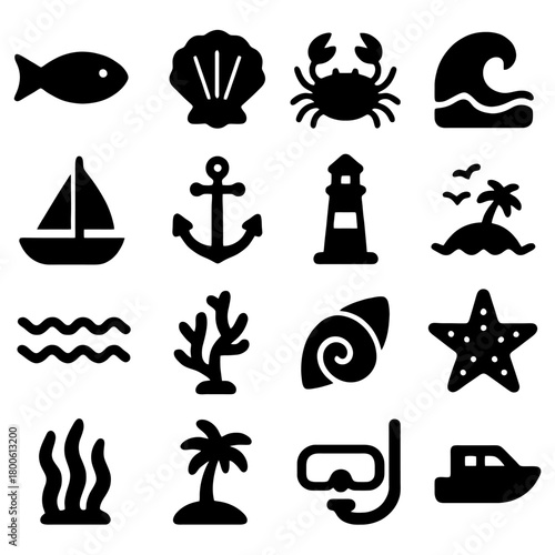 Coastal Iconography: A collection of simple, stylized icons representing various aspects of the coast, including marine life, nautical elements, and island motifs.