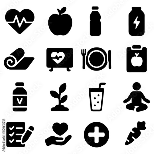 Well-being Icons: A comprehensive collection of icons symbolizing wellness, depicting elements such as balanced diet, fitness, health, and mindfulness.