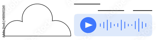 Cloud outline connected to audio playback interface with play button and sound bars. Ideal for technology, communication, streaming, audio sharing, media, content storage, simple flat metaphor