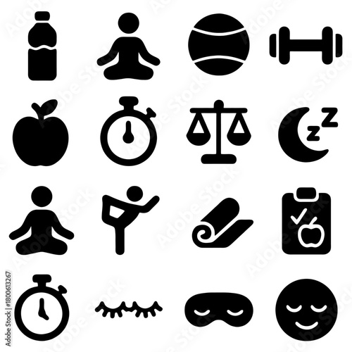 Wellness Icons in Black: A collection of clean, monochrome icons representing key elements of wellness and healthy living, perfect for design and infographic use.