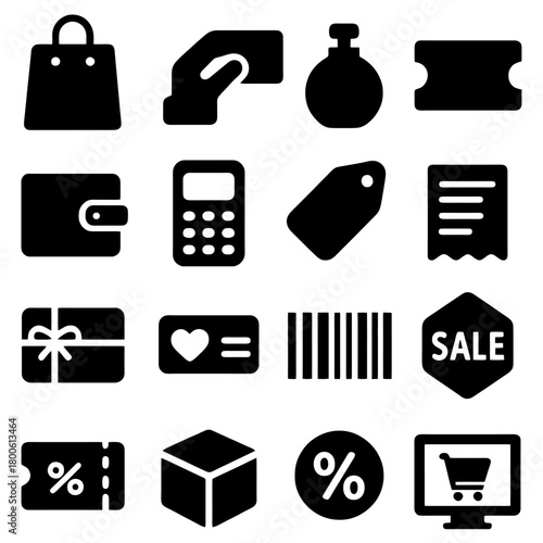 Iconic Shopping Essentials: A sleek collection of black and white icons representing the fundamental elements of a shopping experience.