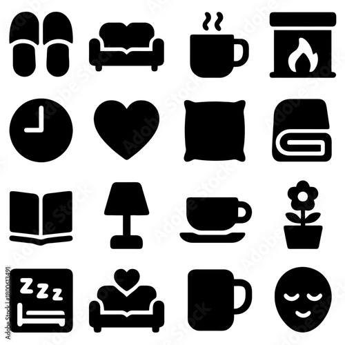 Cozy Home Icons: A collection of simple, charming icons, embodying the essence of comfort, relaxation, and the tranquil moments spent at home.