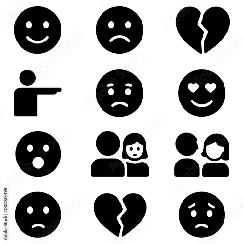 Emotion Icons: A collection of minimalist black icons representing various feelings and states of mind, offering a versatile visual language for expressing emotions.