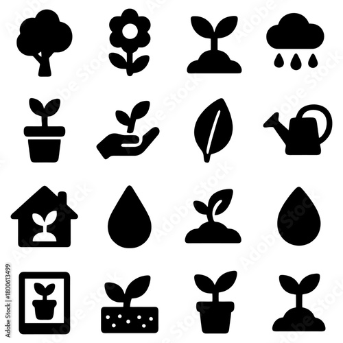 Growth and Nature Icon Set: A comprehensive collection of meticulously crafted icons portraying the various facets of plant life, weather and nurturing for representing nature's ecosystem.