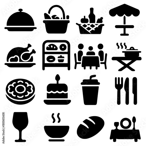 Culinary Delights Icons: A collection of black icons representing food items, including a serving tray, a picnic basket, a table with an umbrella, a roast chicken, a bakery display, people, a hot pot.