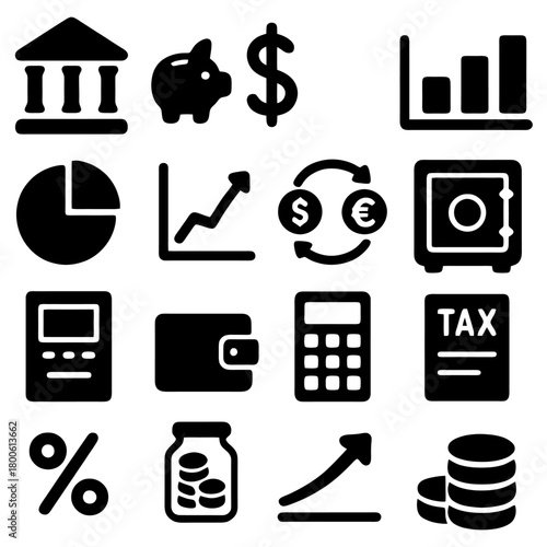 Financial Icons: A collection of meticulously crafted financial icons, representing a spectrum of financial concepts, including banking, savings, investments, and taxation, all in a clean.