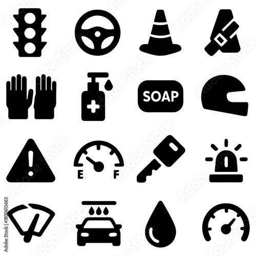 Driving Essentials: A collection of driving icons, symbolising essential elements for road safety and vehicle maintenance. Featuring a traffic light, steering wheel, safety cone, seat belt, gloves.