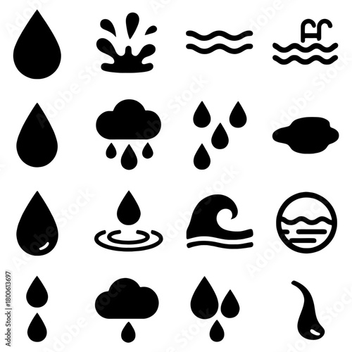 Water Icons: Minimalistic icons of water droplets, waves, and clouds form a visual symphony representing various states of water, designed for ease of use.
