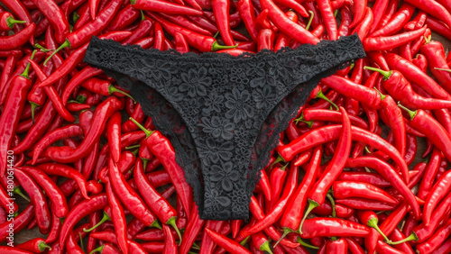 Black lace panties resting on a vibrant background of red hot chili peppers. Can be used as a concept for dating, relationships or sexually transmitted diseases