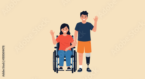 Happy People with Disabilities Waving and Smiling