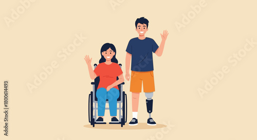 Woman in Wheelchair and Man with Prosthetic Leg Greeting