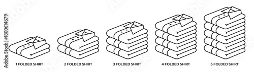 Folded shirt clothes icons set. Stack of folded shirts icons. Folded shirt clothes logo, label, badge, sign, symbol, emblem, stamp, black, flat, line, vector isolated illustration on white background.