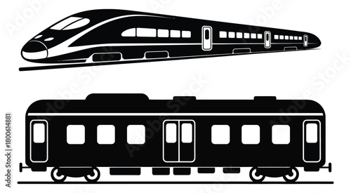 Modern High-Speed Train and Vintage Railway Carriage Silhouette, Transportation Graphic for Railways, Travel, and Transit Design