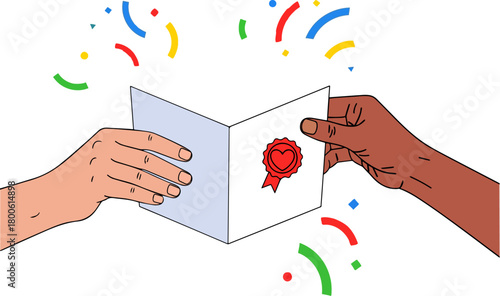illustration of two hands holding and opening a birthday greeting card