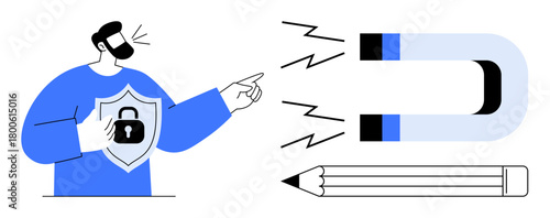A man in a shielded outfit pointing at a magnet emitting waves and a pencil symbolizing creativity. Ideal for security, innovation, marketing strategies, attention, focus, safety, simple flat