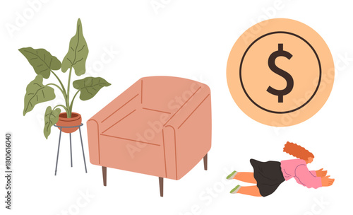 Armchair, leafy potted plant, large dollar sign coin, and child crawling represent comfort, growth, financial management, abundance, simplicity, family and childhood in a simple flat metaphor