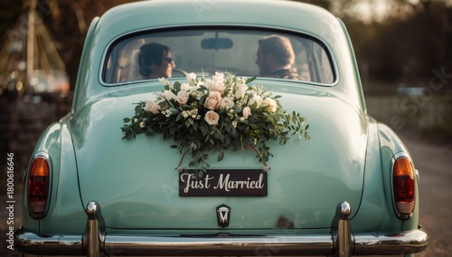 Rear view of a vintage car with just married sign and floral decoration