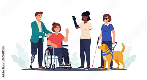 Diverse Group of People with Disabilities Waving Hello