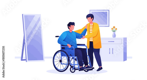 Male Friend Visiting and Helping Man in Wheelchair