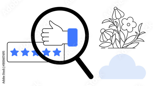 Magnifying glass focuses on a thumbs-up and five stars, surrounded by blooming flowers and a cloud. Ideal for evaluation, success, quality, feedback, nature, positivity recognition. Flat simple