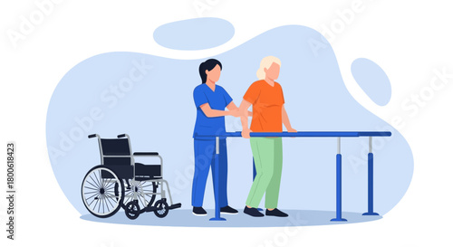 Senior Man in Rehabilitation Using Parallel Bars