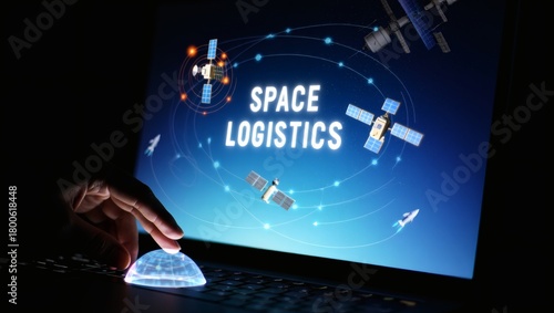 Fototapeta Naklejka Na Ścianę i Meble -  Futuristic interface for managing orbital supply chains, controlling a network of satellites and space station assets