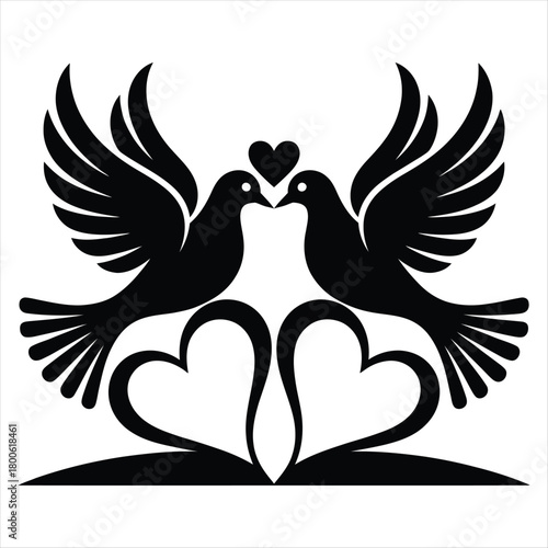 Doves kissing above open hearts silhouette pigeons