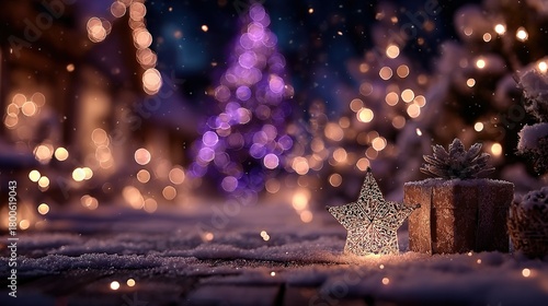 Christmas scene with decorated trees gifts and star on a snowy surface.