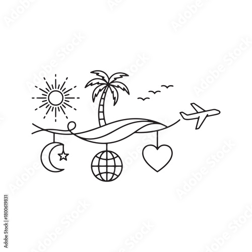 Travel wanderlust concept doodle with airplane, tropical island, and symbolic hanging charms.

