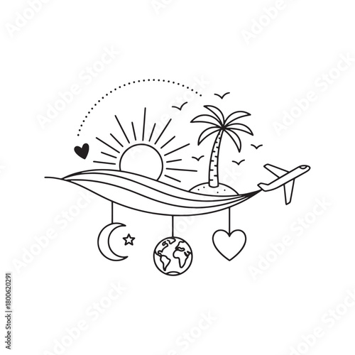 Travel wanderlust concept doodle with airplane, tropical island, and symbolic hanging charms.
