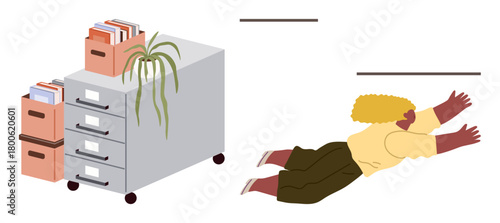 Worker crawling toward filing cabinet drawers full of documents, files, and storage boxes. Ideal for organization, workplace humor, productivity, deadlines, effort office life and simplicity. Flat