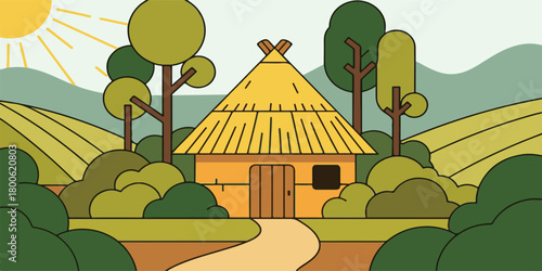 A simple and rustic illustration of a traditional straw hut, designed with clean lines and natural earthy tones